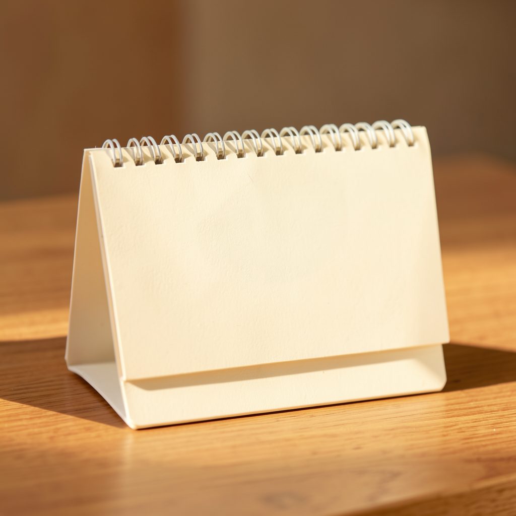 Blank cream-colored spiral desk calendar on a wooden table in warm sunlight